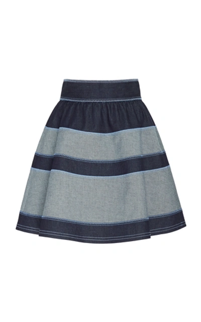 Shop Carolina Herrera Striped Stretch-denim Mini Skirt In Blue