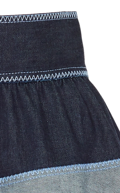 Shop Carolina Herrera Striped Stretch-denim Mini Skirt In Blue