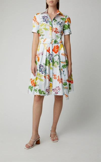 Shop Carolina Herrera Floral-print Belted Cotton-blend Midi Shirt Dress In Blue