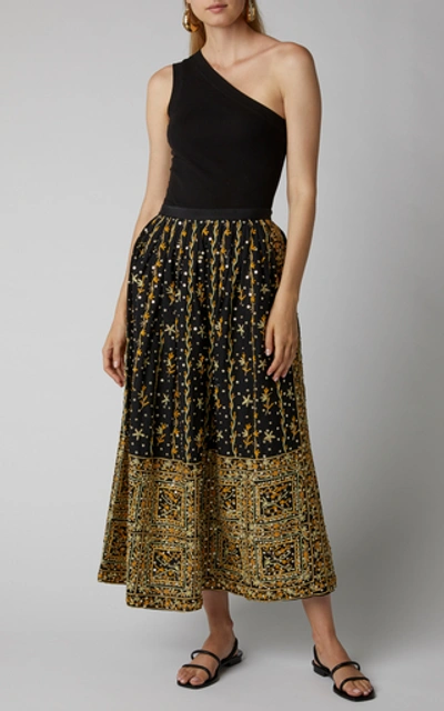 Shop Ulla Johnson Aisha Embroidered Linen-cotton Blend Maxi Skirt  In Black