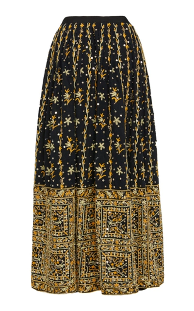 Shop Ulla Johnson Aisha Embroidered Linen-cotton Blend Maxi Skirt  In Black