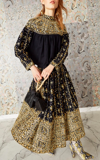 Shop Ulla Johnson Aisha Embroidered Linen-cotton Blend Maxi Skirt  In Black