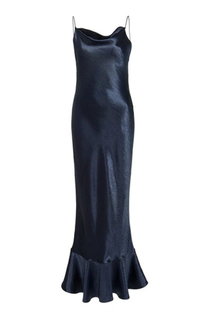 Shop Saloni Stella Ruffled Satin Midi Dress In Navy