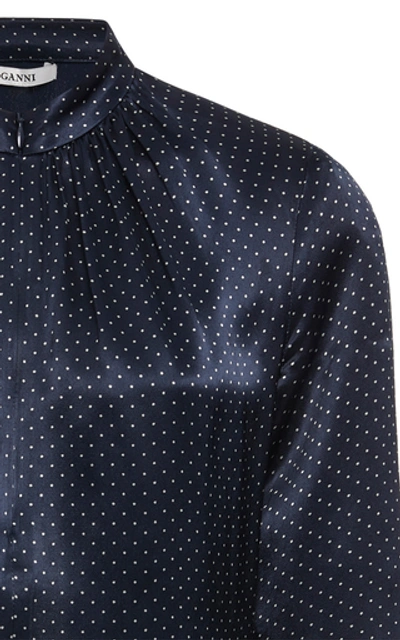 Shop Ganni Polka-dot Satin Top In Navy