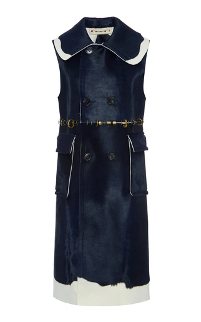 Shop Marni Double-breasted Belted Calf Hair Dress In Navy