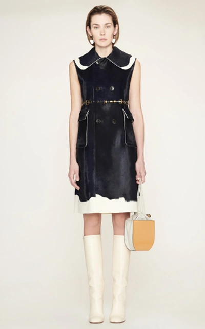 Shop Marni Double-breasted Belted Calf Hair Dress In Navy
