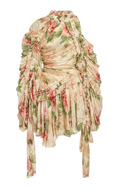 Shop Zimmermann Ruched Floral-print Silk-chiffon Mini Dress In Pink