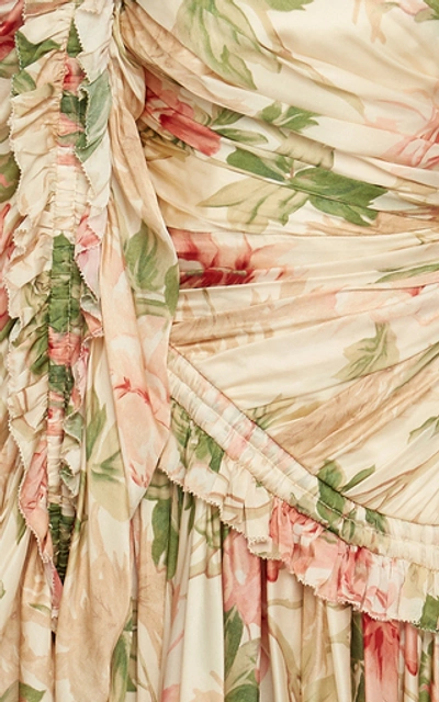 Shop Zimmermann Ruched Floral-print Silk-chiffon Mini Dress In Pink
