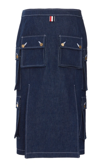 Shop Thom Browne Contrast-stitched Cargo Denim Skirt In Blue
