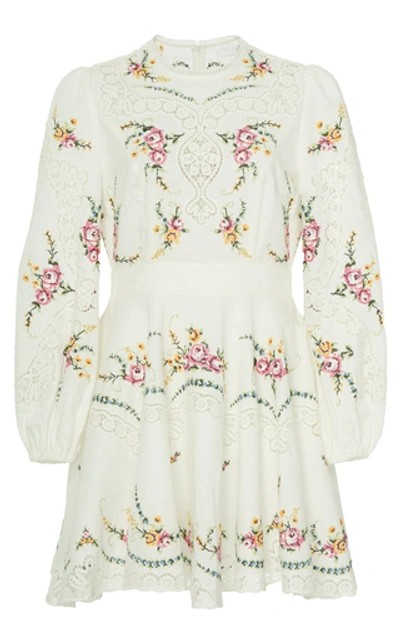 Shop Zimmermann Allia Cross-stitched Linen-blend Mini Dress In White