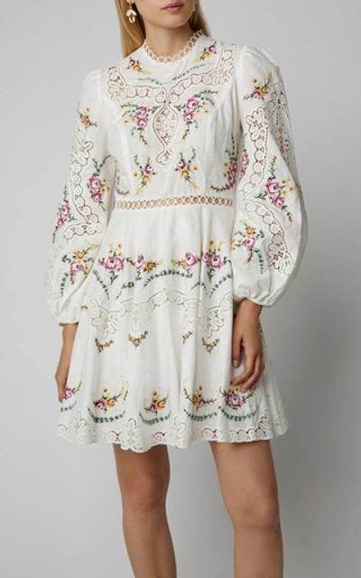 Shop Zimmermann Allia Cross-stitched Linen-blend Mini Dress In White