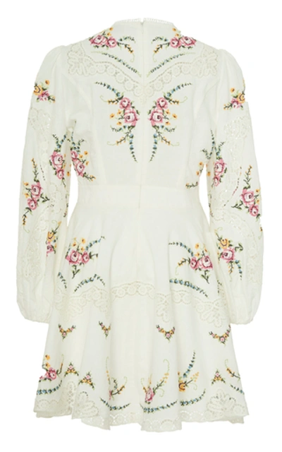 Shop Zimmermann Allia Cross-stitched Linen-blend Mini Dress In White