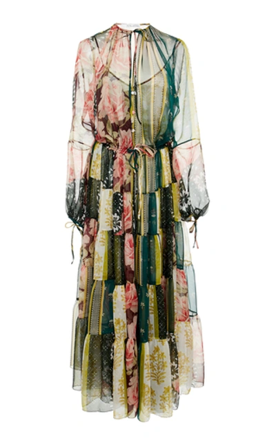 Shop Oscar De La Renta Patchwork-effect Floral-print Silk-chiffon Dress In Multi