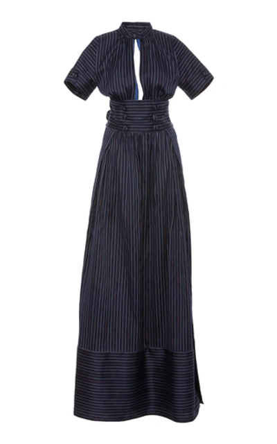 Shop Rosie Assoulin Cutout Pinstriped Cotton-blend Maxi Shirt Dress In Navy