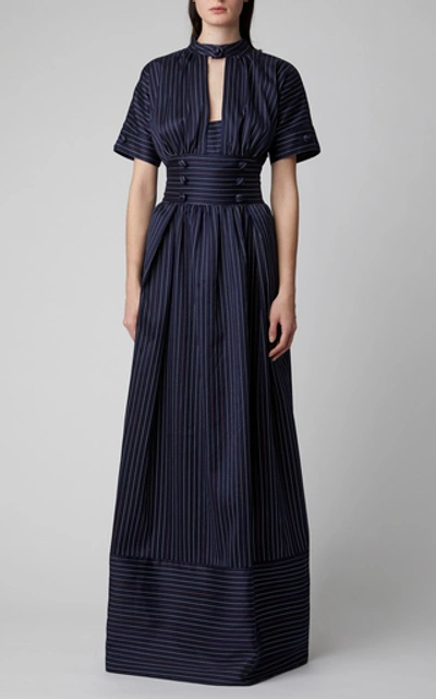 Shop Rosie Assoulin Cutout Pinstriped Cotton-blend Maxi Shirt Dress In Navy