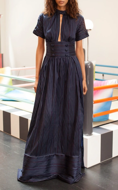 Shop Rosie Assoulin Cutout Pinstriped Cotton-blend Maxi Shirt Dress In Navy