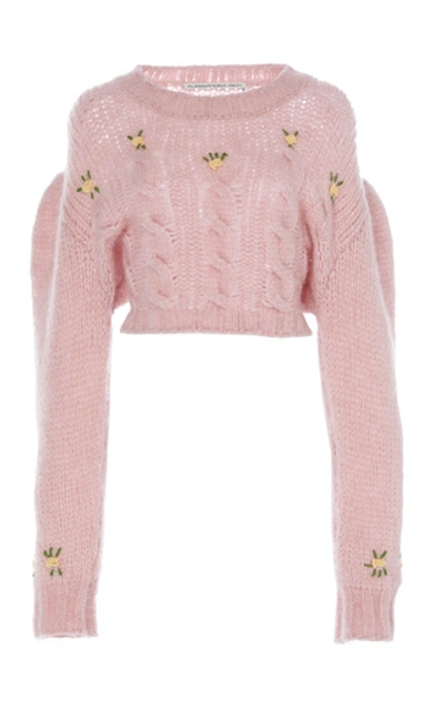 Shop Alessandra Rich Cropped Floral-embroidered Alpaca And Wool-blend Sweat In Pink