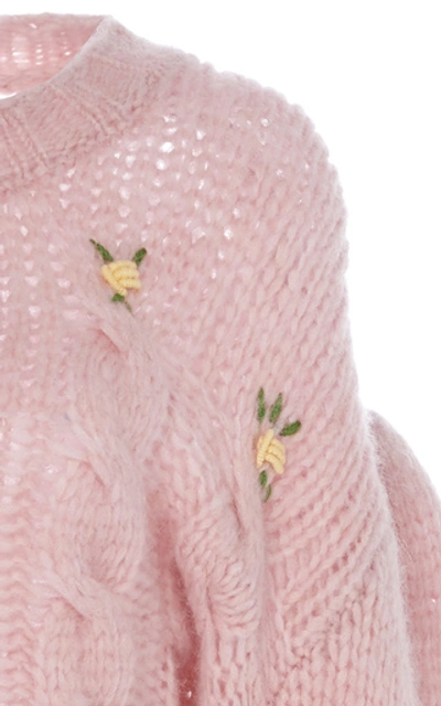 Shop Alessandra Rich Cropped Floral-embroidered Alpaca And Wool-blend Sweat In Pink