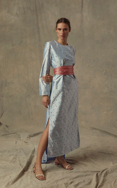 Shop Markarian Exclusive Amira Belted Embroidered Silk Caftan In Blue