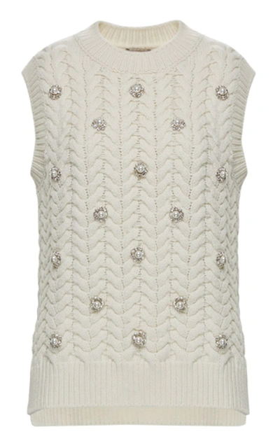 Shop Moncler Genius Embellished Cable-knit Wool And Cashmere-blend Sweater In White