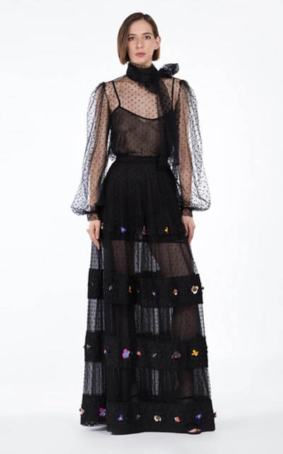 Shop Costarellos Embellished Tulle Maxi Skirt In Black