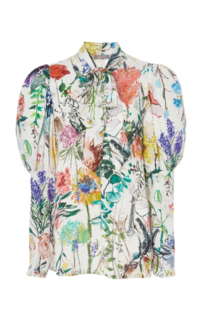 Shop Lela Rose Tie-detailed Floral-print Crepe De Chine Blouse In Multi