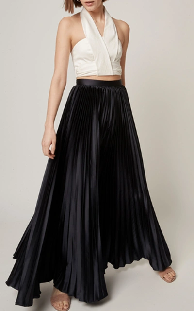 Shop Amur Ziggy Wide Leg Satin Pleated Pants In Navy