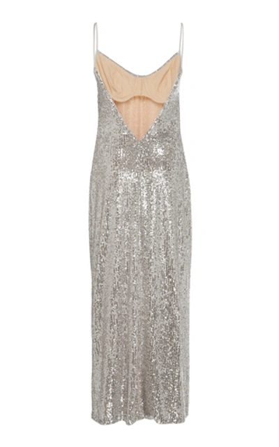 Shop Galvan Sequined Tulle Midi Dress In Silver