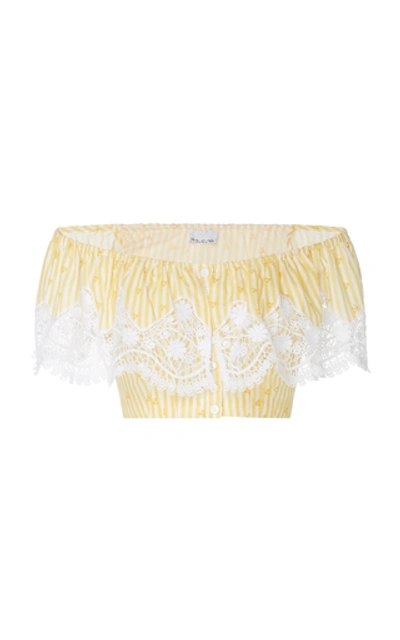 Shop Miguelina Jenna Striped Off-the-shoulder Lace-paneled Cotton Cropped T In Yellow