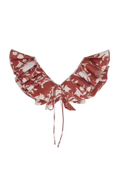 Shop Johanna Ortiz Ruffled Floral-print Bikini Top In Red