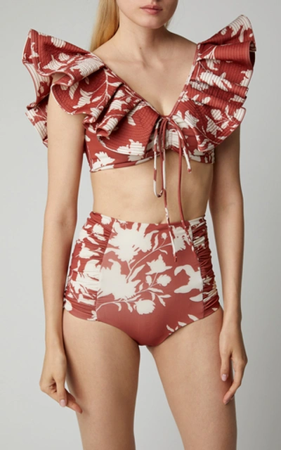 Shop Johanna Ortiz Ruffled Floral-print Bikini Top In Red