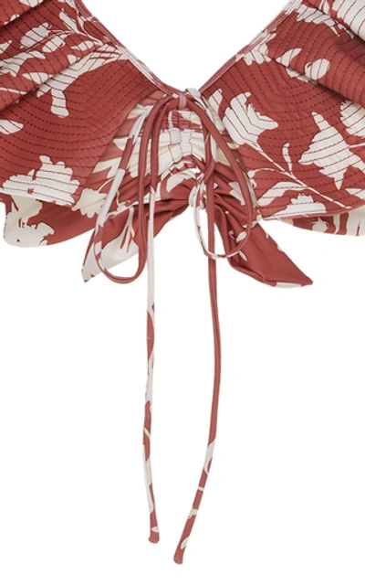 Shop Johanna Ortiz Ruffled Floral-print Bikini Top In Red