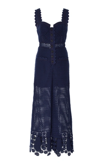 Shop Self-portrait Fishnet Lace Jumpsuit In Navy