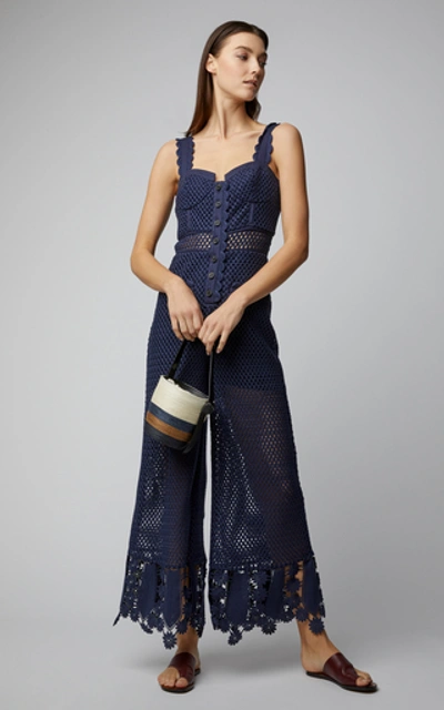 Shop Self-portrait Fishnet Lace Jumpsuit In Navy