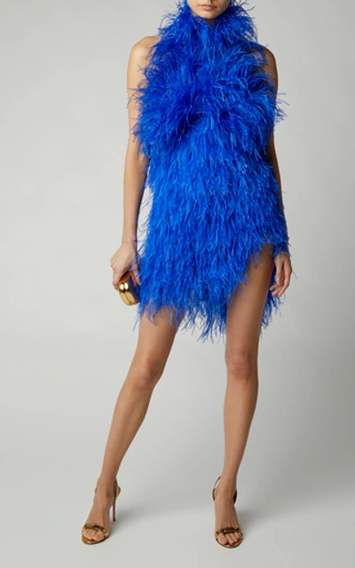 Shop Attico Feather-embroidered Cotton Mini Dress In Blue