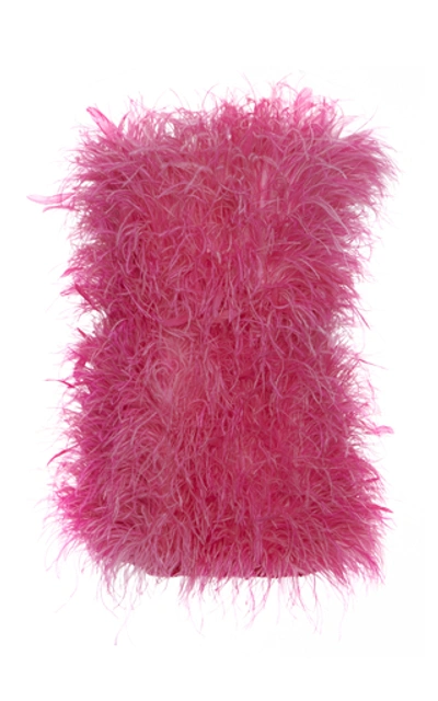 Shop Attico Feather-embellished Cotton Mini Dress In Pink