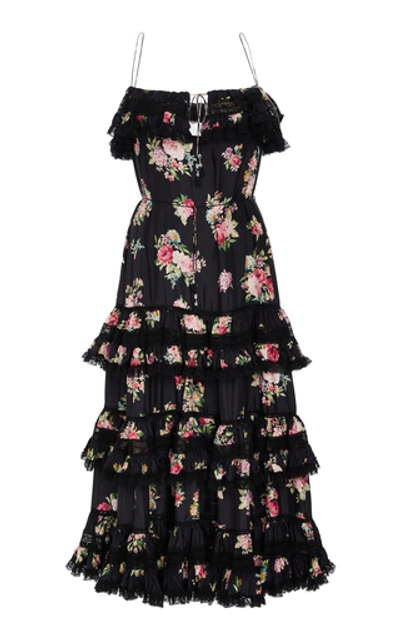 Shop Zimmermann Honour Floral-print Tiered Silk Midi Dress In Black