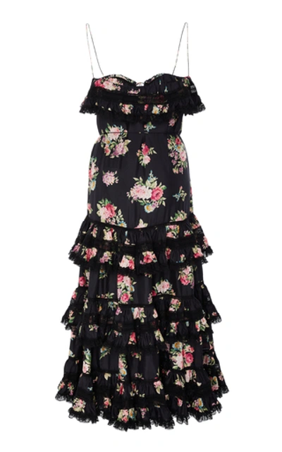 Shop Zimmermann Honour Floral-print Tiered Silk Midi Dress In Black