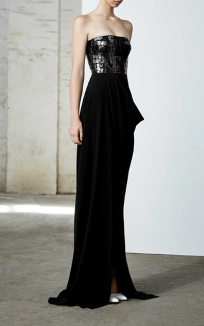 Shop Alex Perry Atticus Sequined Croc-effect Strapless Crepe Gown In Black