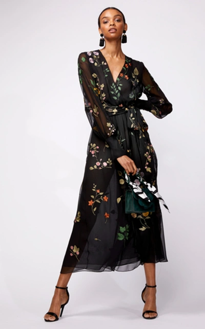 Shop Oscar De La Renta Floral-embroidered Silk-chiffon Midi Dress In Black