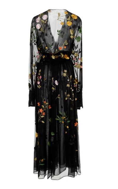 Shop Oscar De La Renta Floral-embroidered Silk-chiffon Midi Dress In Black