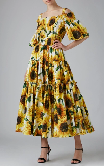 Shop Dolce & Gabbana Off-the-shoulder Smocked Floral-print Cotton Maxi Dres In Yellow