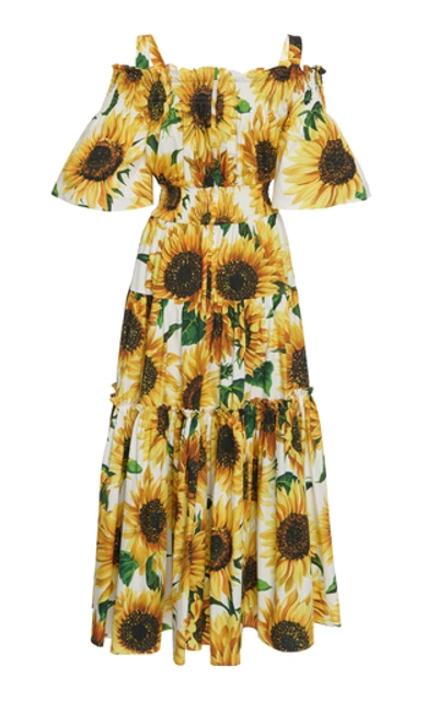 Shop Dolce & Gabbana Off-the-shoulder Smocked Floral-print Cotton Maxi Dres In Yellow