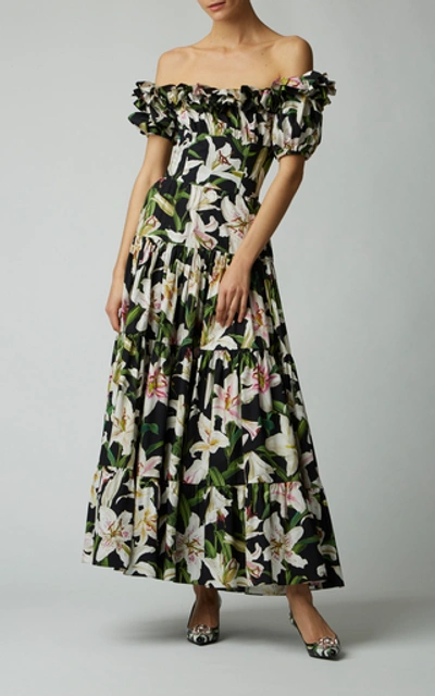 Shop Dolce & Gabbana Off-the-shoulder Floral-print Cotton-voile Maxi Dress