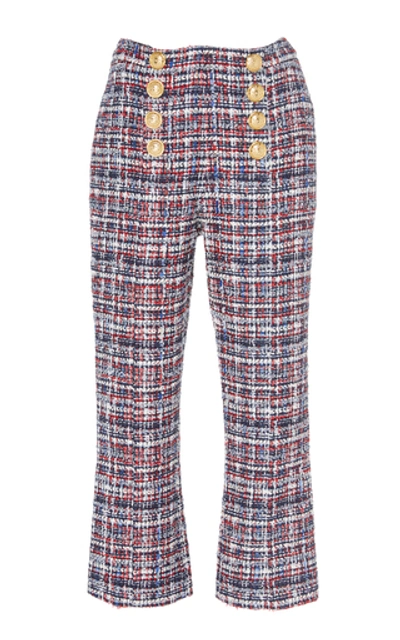 Shop Balmain Button-detailed High-waisted Cropped Tweed Pants In Multi