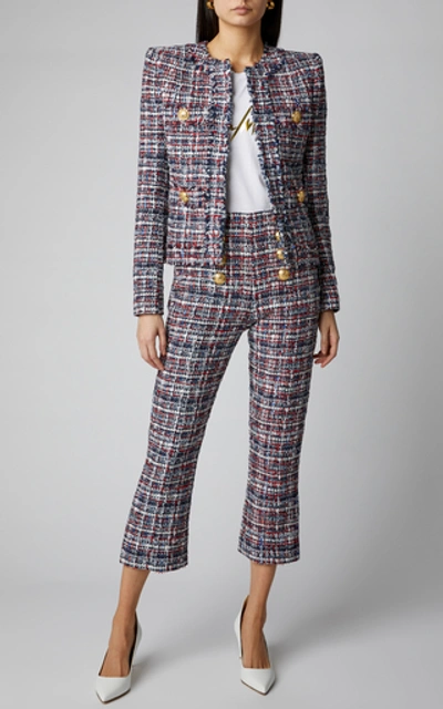 Shop Balmain Button-detailed High-waisted Cropped Tweed Pants In Multi