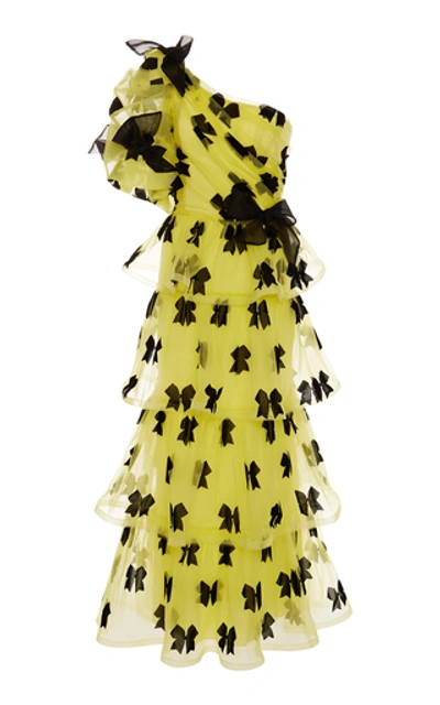 Shop Rodarte One-shoulder Bow-embellished Tulle Gown In Yellow
