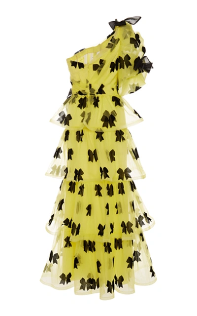 Shop Rodarte One-shoulder Bow-embellished Tulle Gown In Yellow