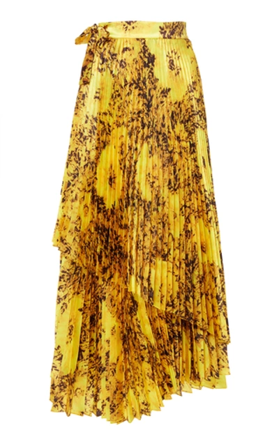 Shop Richard Quinn Floral-print Plissé-satin Midi Skirt In Yellow