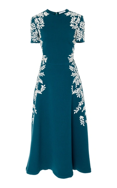 Shop Oscar De La Renta Floral-embroidered Wool-blend Midi Dress In Blue